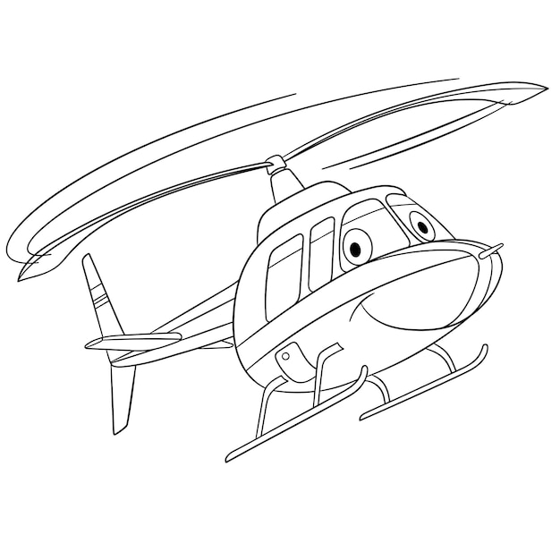 Vuelo en helicóptero. vehículo de juguete de dibujos animados con cara divertida. página de libro para colorear para niños.