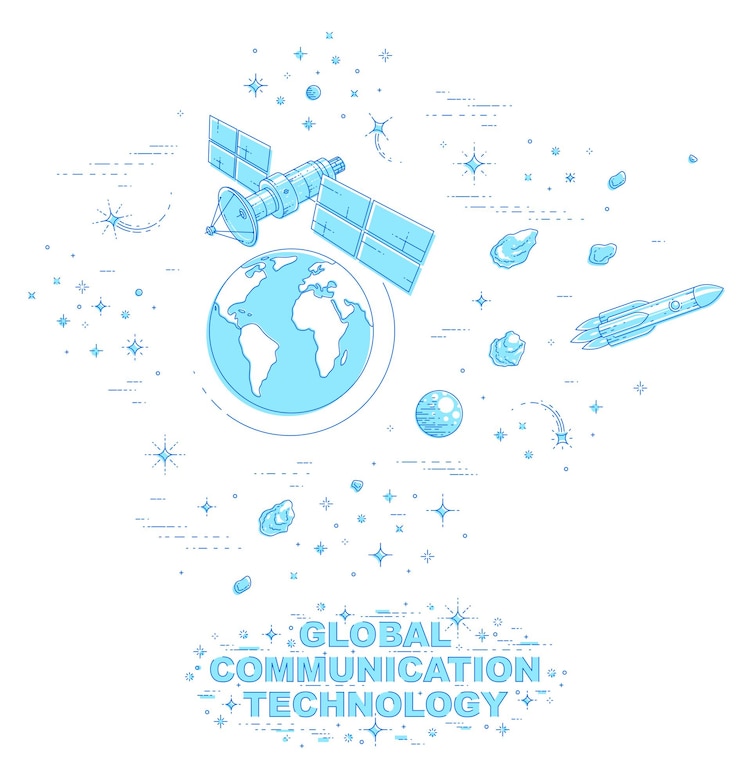 Vector vuelo orbital por satélite alrededor de la tierra, estación espacial de tecnología de comunicación con paneles solares y placa de antena satelital, con cohetes, estrellas y otros elementos. vector.