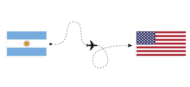 Vuelo y viaje de Argentina a Estados Unidos en avión de pasajeros Concepto de viaje