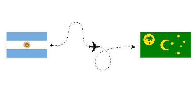 Vuelo y viaje desde Argentina a Islas Cocos en avión de pasajeros Concepto de viaje