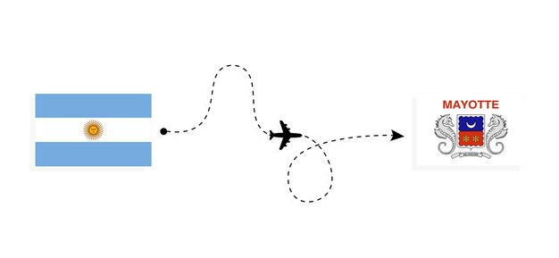 Vuelo y viaje desde Argentina a Mayotte en avión de pasajeros Concepto de viaje