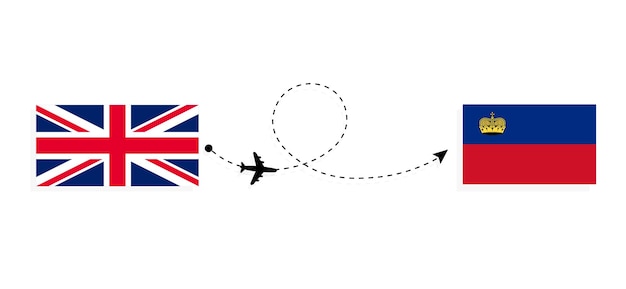 Vuelo y viaje desde el Reino Unido de Gran Bretaña a Liechtenstein en avión de pasajeros Concepto de viaje