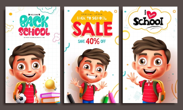 Vector de vuelta a la escuela con carteles vectoriales de personajes de niños de vuelta a las ventas de la escuela con un niño pequeño y lindo