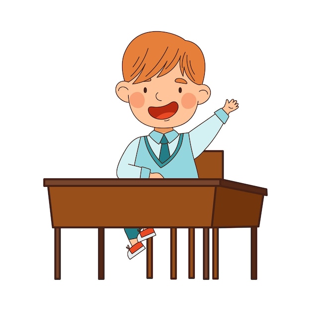 De vuelta a la escuela con un chico pelirrojo en uniforme azul sentado en el escritorio levantando la mano Ilustración vectorial