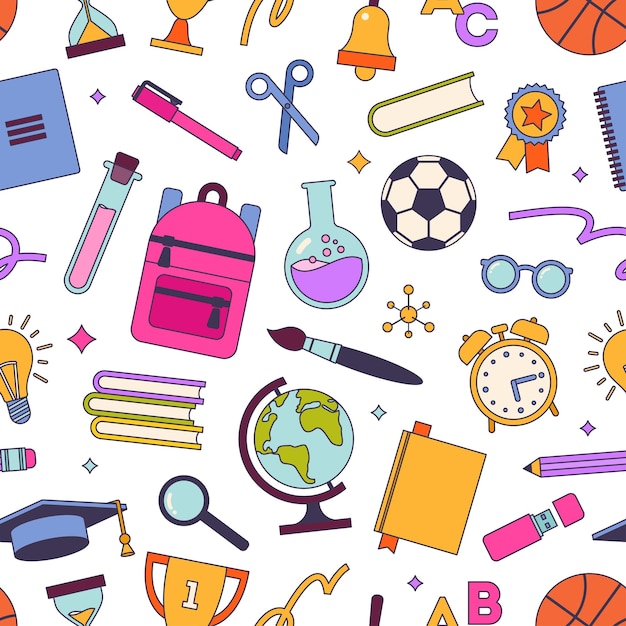 De vuelta a la escuela colorido patrón sin costuras con iconos de suministros escolares Ilustración vectorial