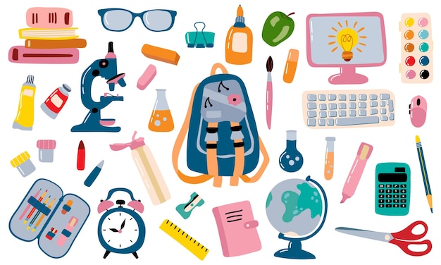 De vuelta a la escuela. Conjunto escolar. Fondo blanco, aislar. ilustración vectorial