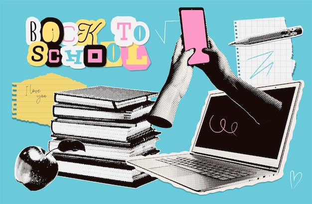 De vuelta a la escuela elementos de collage de media tonalidad de moda con garabatos y libros de letras de zine recortados