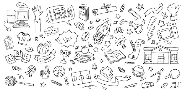 De vuelta a la escuela elementos de garabateo Ilustración vectorial en línea