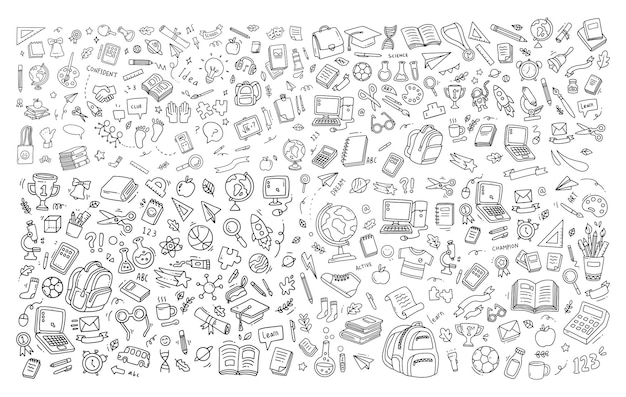 De vuelta a la escuela elementos de garabateo Ilustración vectorial en línea