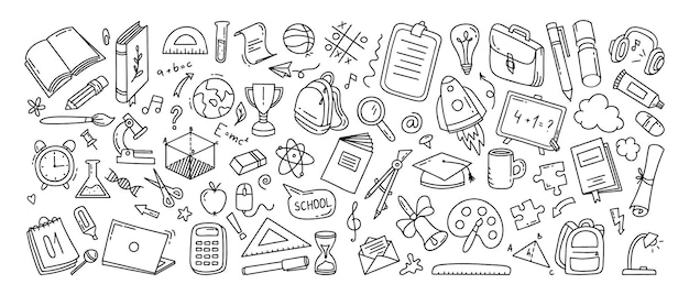 De vuelta a la escuela garabatear un gran conjunto de elementos Ilustración vectorial en línea