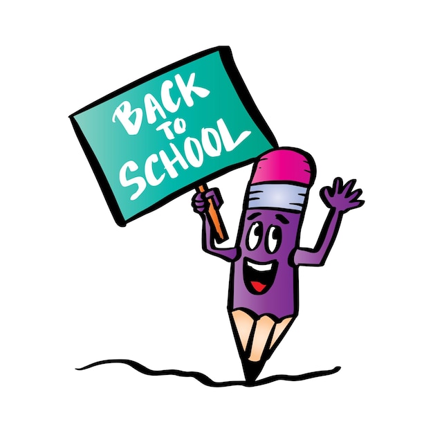 De vuelta a la escuela Ilustración vectorial dibujada a mano de un personaje de lápiz sosteniendo un letrero