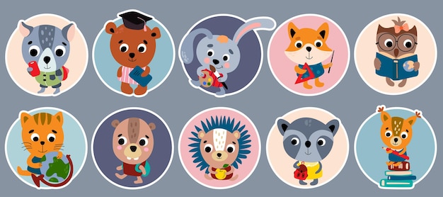 De vuelta a la escuela. Juego de pegatinas de animales. ilustración vectorial