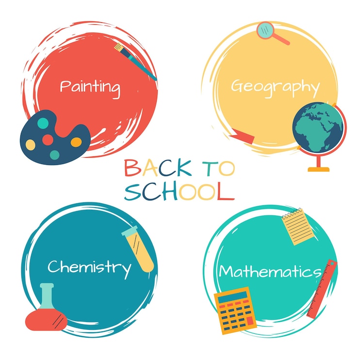 Vector de vuelta a la escuela. logotipos y pegatinas con el nombre de las lecciones escolares. matemáticas, química, geografía y dibujo. ilustración de vector aislado sobre fondo blanco.