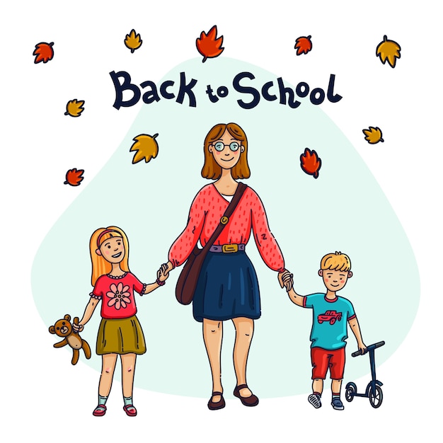 De vuelta a la escuela. Madre llevando a sus hijos a la escuela