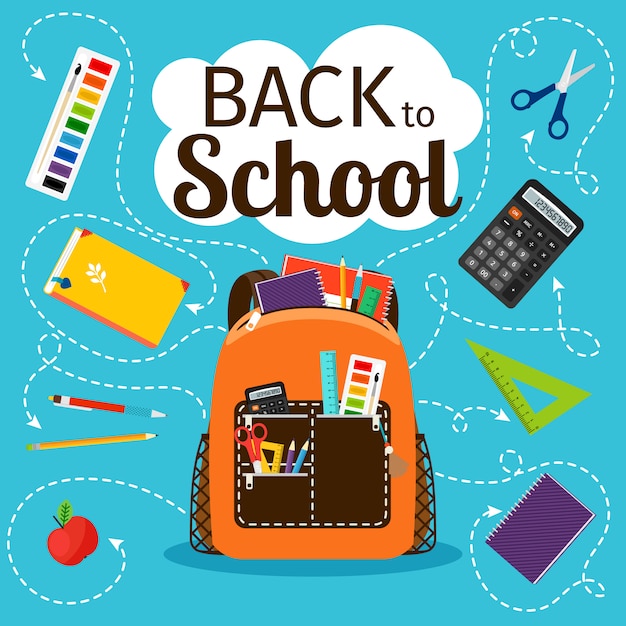De vuelta a la escuela. Mochila escolar para niños con ilustración de vector de equipo de educación