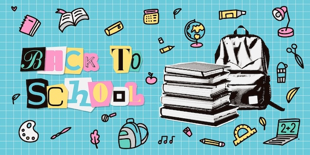 De vuelta a la escuela modelo de estandarte de collage de medio tono de moda con garabatos en un fondo de papel a cuadros
