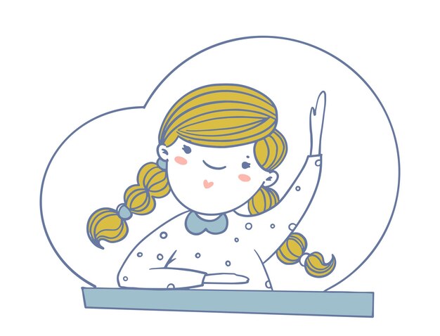 De vuelta a la escuela una niña bonita se sienta en el escritorio en el aula y levanta la mano para responder a los maestros