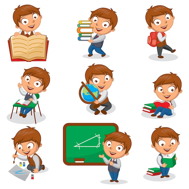 De vuelta a la escuela Niño de escuela lindo en una lección de geografía literatura educación física biología