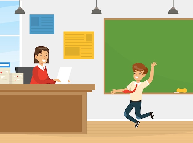 De vuelta a la escuela con el niño saltando y el maestro sentado en el escritorio Ilustración vectorial