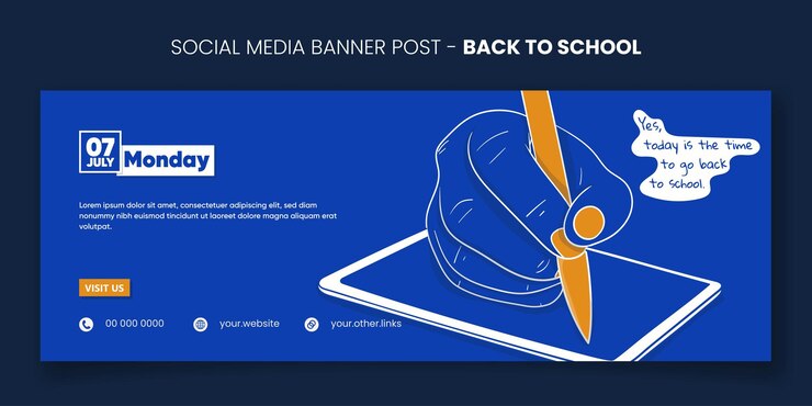 Vector de vuelta a la escuela plantilla de banner con escritura a mano en tableta con fondo monocromático azul