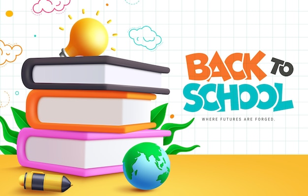 De vuelta a los libros escolares diseño vectorial De vuelta a la escuela saludo texto con libros educativos de lectura