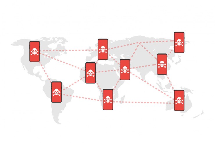 Vector vulnerabilidad de red: virus, malware, ransomware, fraude, spam, phishing, estafa de correo electrónico, ataque de hackers. ilustración vectorial