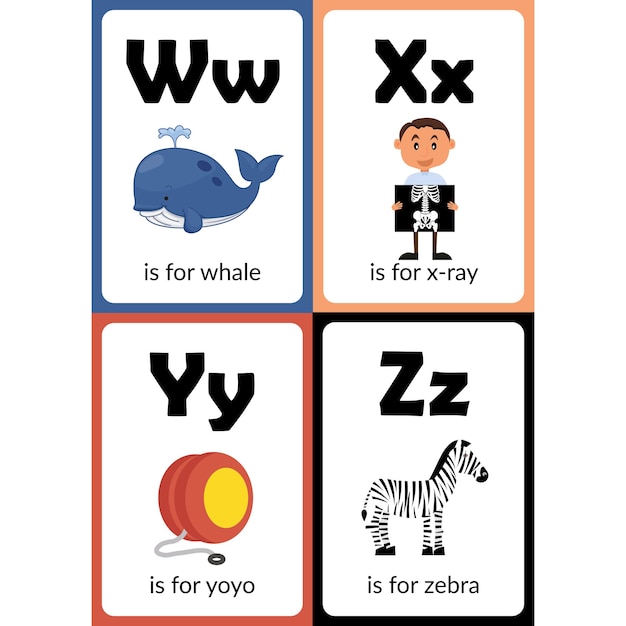W para ballena X para rayos X Y para yoyo Z para cebra