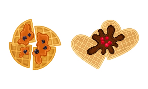 Waffle con impresión de superficie cubierta con set vectorial de bayas y caramelo
