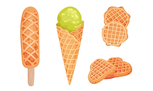Waffle o Wafer Desserts con helado y Gaufre pegados juntos Conjunto vectorial