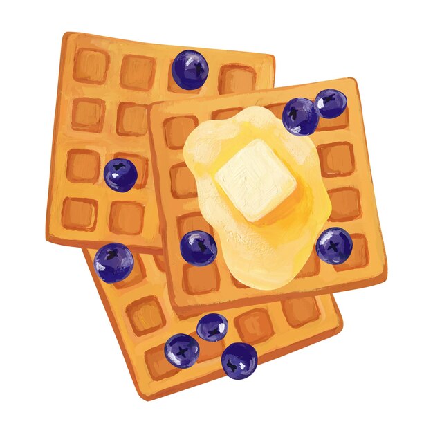 Waffles con arándanos y mantequilla pintura de gouache ilustración de alimentos