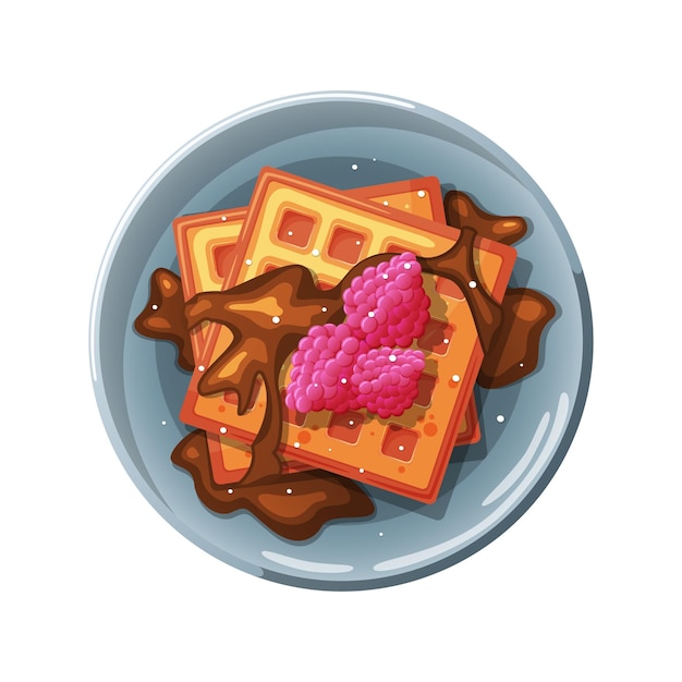 Waffles de dibujos animados con chocolate y frambuesas