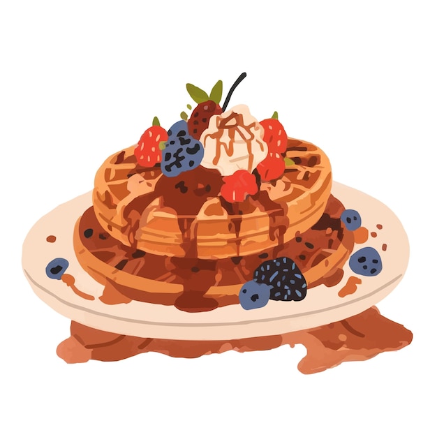 Vector waffles con frutas de bayas y salsa de caramelo en un plato ilustración vectorial aislada