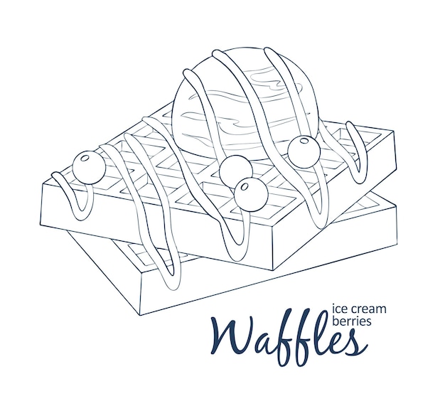 Waffles con helado y bayas icono dibujos animados vector lineal blanco y negro ilustración