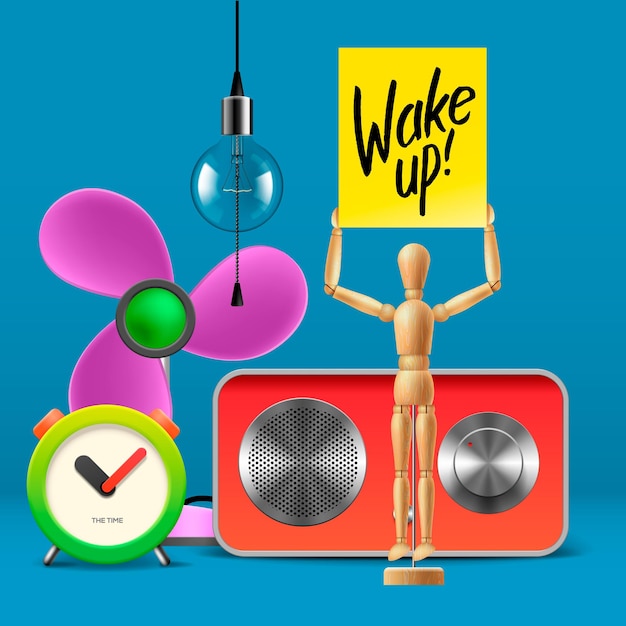 Wake up workspace maqueta con ilustración de vector de despertador digital