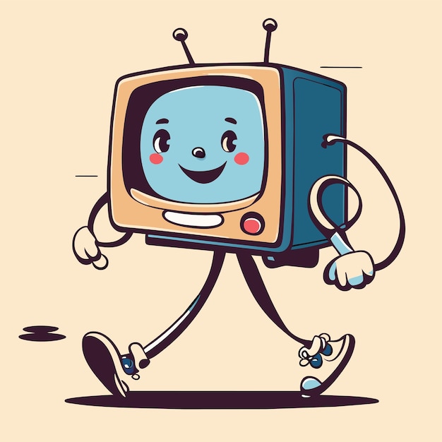 Vector walking tv dibujado a mano dibujos animados pegatina icono concepto aislado ilustración