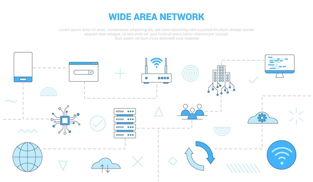 Wan concepto de internet de red de área amplia con banner de plantilla de conjunto de iconos con vector de estilo de color azul moderno
