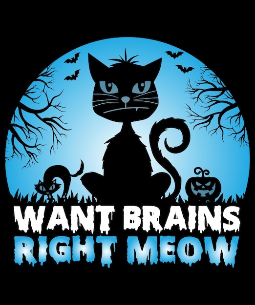 Vector want brains right meow, diseño de gato de halloween