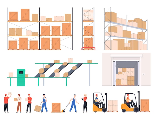 Warehouse with workers and loaders Storage of boxes with goods and sending them to the store to customers Freight transportation Logistics company Vector illustration