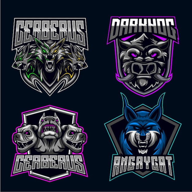 Warthog Cerberus Cat Juego de caracteres Logo Esport Mascot Design Bundle Set colección de iconos ilustración vectorial equipo de juego