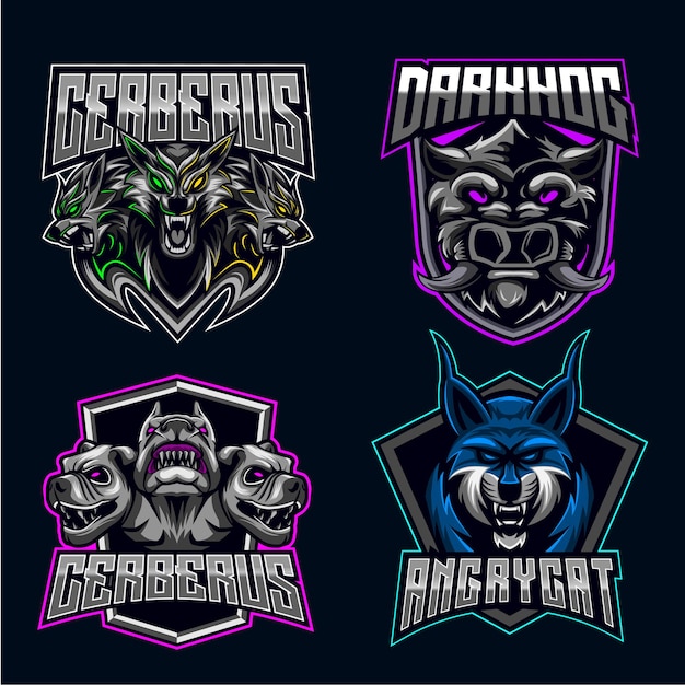 Vector warthog cerberus cat juego de caracteres logo esport mascot design bundle set colección de iconos ilustración vectorial equipo de juego