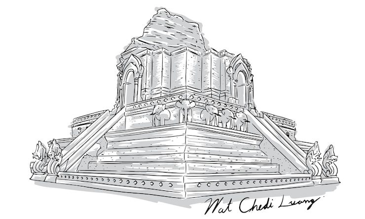 Vector wat chedi luang chiangmai tailandia dibujado a mano con contornos en blanco y negro