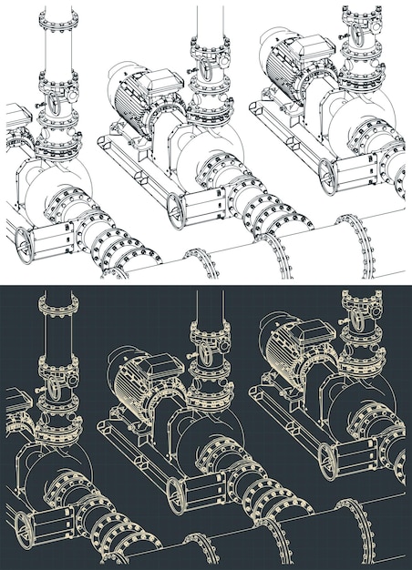 Water pumping station isometric blueprints illustrations