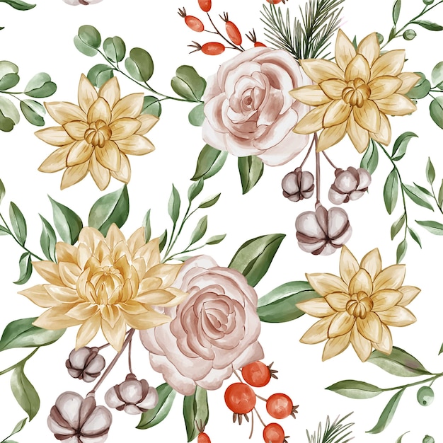 Watercolor Autumnal Floral Seamless Pattern Blush Roses Golden Dahlias