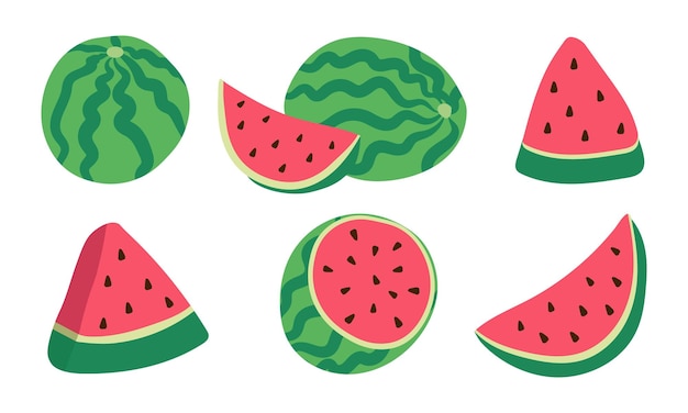 Watermelon Doodle Icon Vector dibujado a mano Conjunto aislado en fondo blanco Colección Frutas maduras
