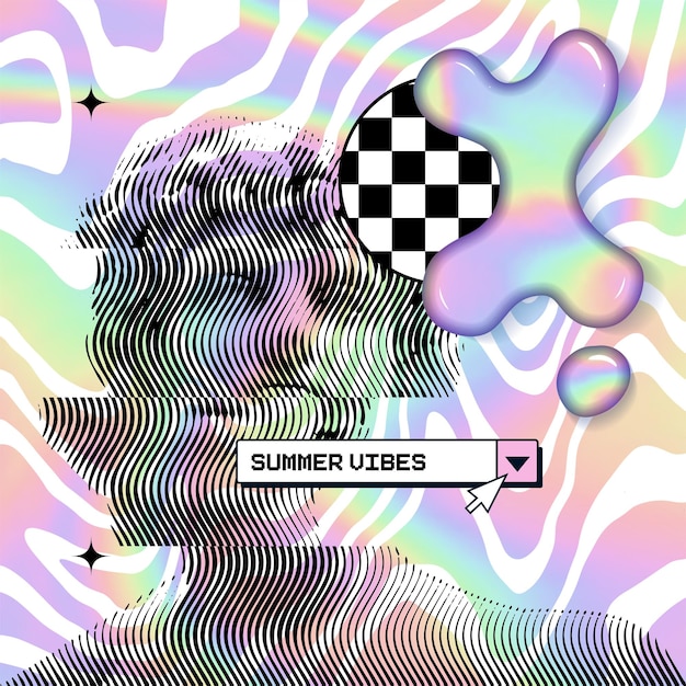 Wavy distorsionado vaporwave estatua antigua en colores pastel holo fondo groovy con pop up y d