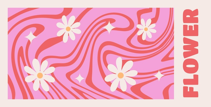 Vector wavy swirl groovy daisy pattern set en colores rojo y rosa