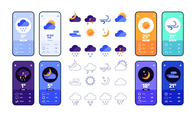 Weather ui app Smartphone salpicadero con iconos del sistema sol lluvia y nubes llamativas ilustraciones vectoriales