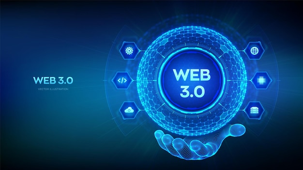 Web 30 Nueva generación del concepto abstracto de Internet Tecnología descentralizada de cadena de bloques Comunicación digital AI y tecnología virtual Esfera de cuadrícula hexagonal en mano de estructura metálica Vector