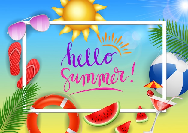 Web banner Hola verano con cielo azul de belleza.