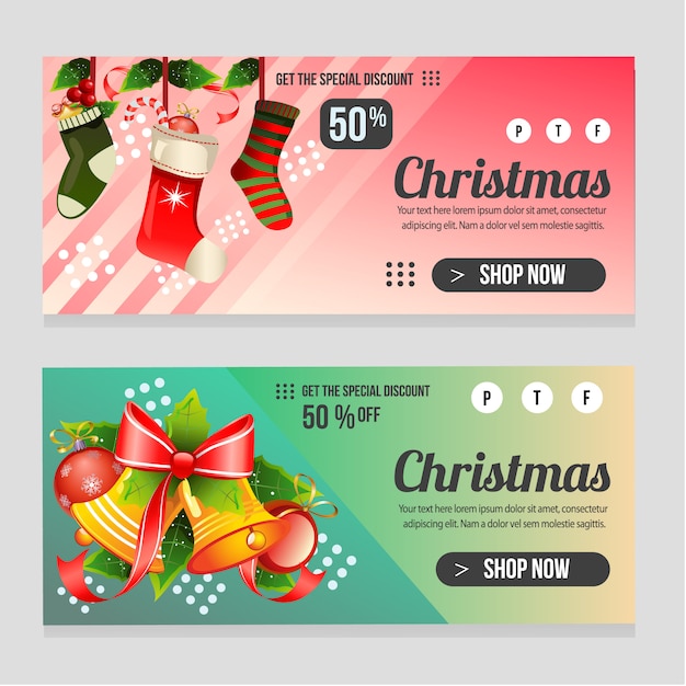 Web banner plantilla de navidad con campana de colores